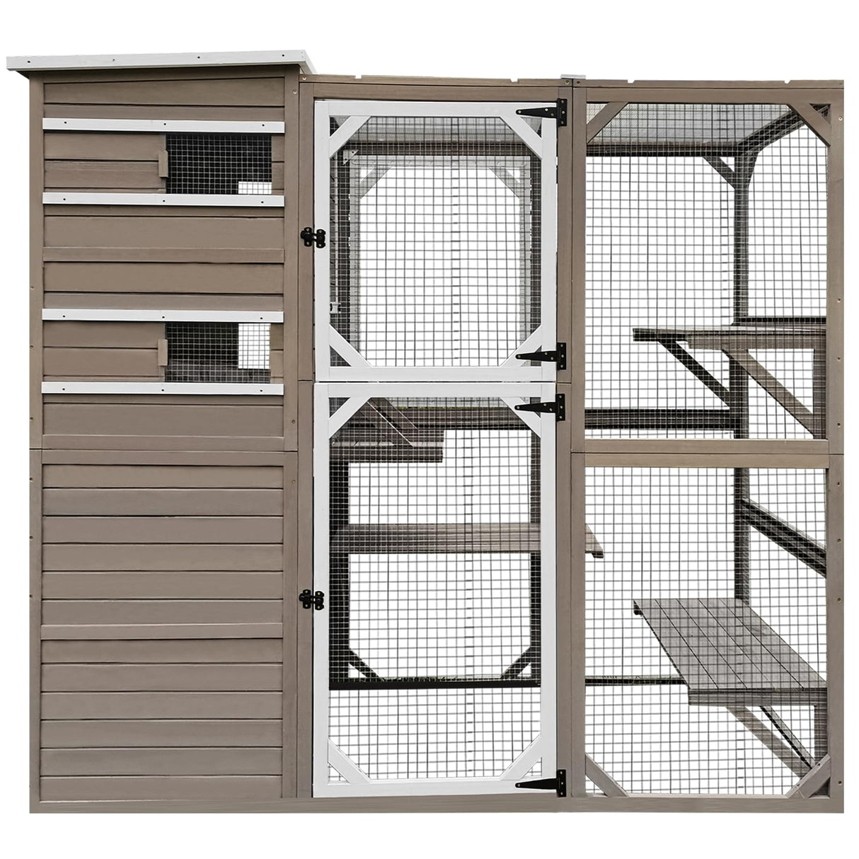 Gowoodhut Large Outdoor Catio Enclosures - Wooden Cat House Weatherproof with Multi Platforms & Weather Resistant Roof, Indoor Interoperability - 71" H 77" L Gowoodhut