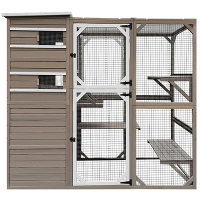 Gowoodhut Large Outdoor Catio Enclosures - Wooden Cat House Weatherproof with Multi Platforms & Weather Resistant Roof, Indoor Interoperability - 71" H 77" L
