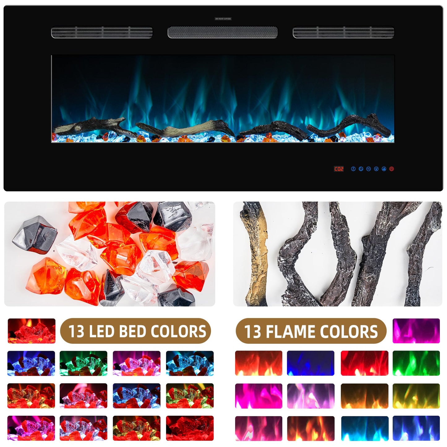 Kentsky 60 inches Electric Fireplace Inserts, Recessed and Wall Mounted Fireplace Heater, Linear Fireplace w/Thermostat, Remote & Touch Screen, Multicolor Flame, Timer, Logs & Crystal, 750W/1500W