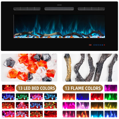 Kentsky 48 inches Electric Fireplace Inserts, Recessed and Wall Mounted Fireplace Heater, Linear Fireplace w/Thermostat, Remote & Touch Screen, Multicolor Flame, Timer, Log & Crystal, 750W/1500W