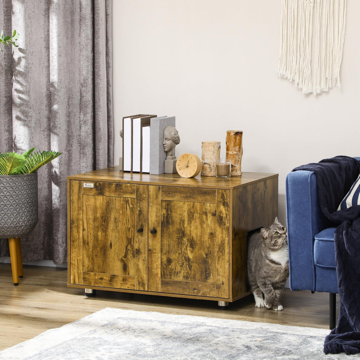 PawHut Hidden Cat Litter Box Enclosure, Cat Washroom Storage Bench Side End Table - Rustic Brown PawHut