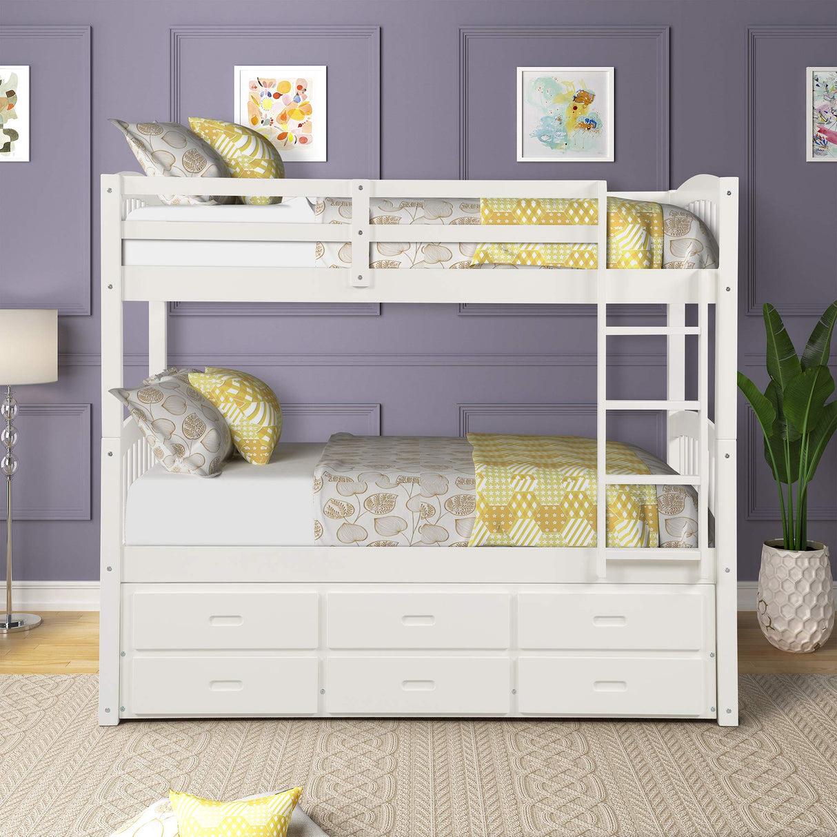 Harper&Bright Designs Twin Over Twin Bunk Bed with Safety Rail, Ladder, White Twin Trundle Bed with 3 Drawers for Kids, Teens Bedroom, Guest Room Furniture Harper & Bright Designs