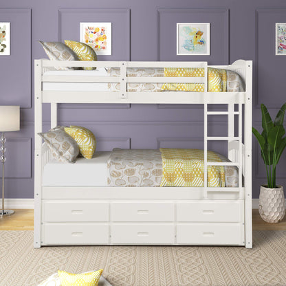 Harper&Bright Designs Twin Over Twin Bunk Bed with Safety Rail, Ladder, White Twin Trundle Bed with 3 Drawers for Kids, Teens Bedroom, Guest Room Furniture