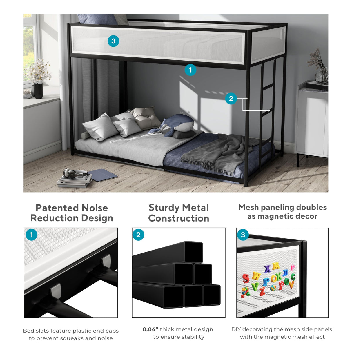Furniture of America Dravenor Modern Metal Twin Over Twin Low Profile Bunk Bed with Reversible Ladder and White Magnetic Mesh Panel, No Box Spring Required, for Kids, Bedroom, Dorm, Black Furniture of America