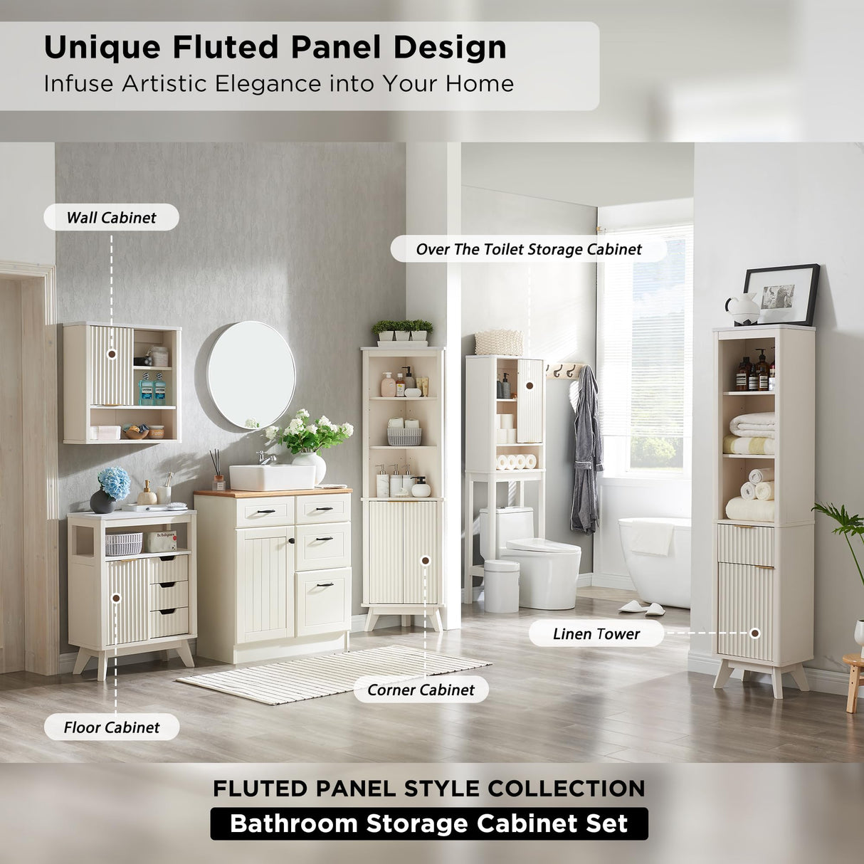 RedLemon 68" Tall Corner Cabinet, Modern Fluted Storage Cabinet with Faux Marble Top & Adjustable Shelves, Curved Profile Design, Space Saver for Bathroom, Living Room, Kitchen, Off White RedLemon