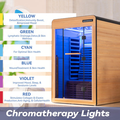 WOODBRIDGE Infrared Home Sauna Room 2 Person Hemlock Wooden Indoor Sauna,7 Carbon 2230W/120V Heaters,with Led Color Therapy Light,Bluetooth Speaker,Tempered Glass,Touch-Tone Keypad and A Top Vent