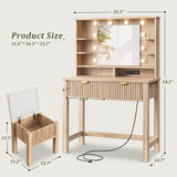 Homkdom Vanity Desk with HD Mirror and 3-Color Adjustable Lights, Fluted Makeup Vanity with Storage Stool, 2 Large Drawers & Charging Station, Small Vanity for Women's Bedroom, Dressing Room, Oak Homkdom