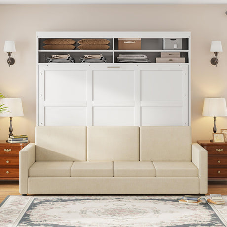 Linique Queen Size Murphy Bed with Sofa and Top Shelf, Horizontal Wall Bed, Versatile Convertible Wooden Bed Frame White, 93.3"x86.2" Linique