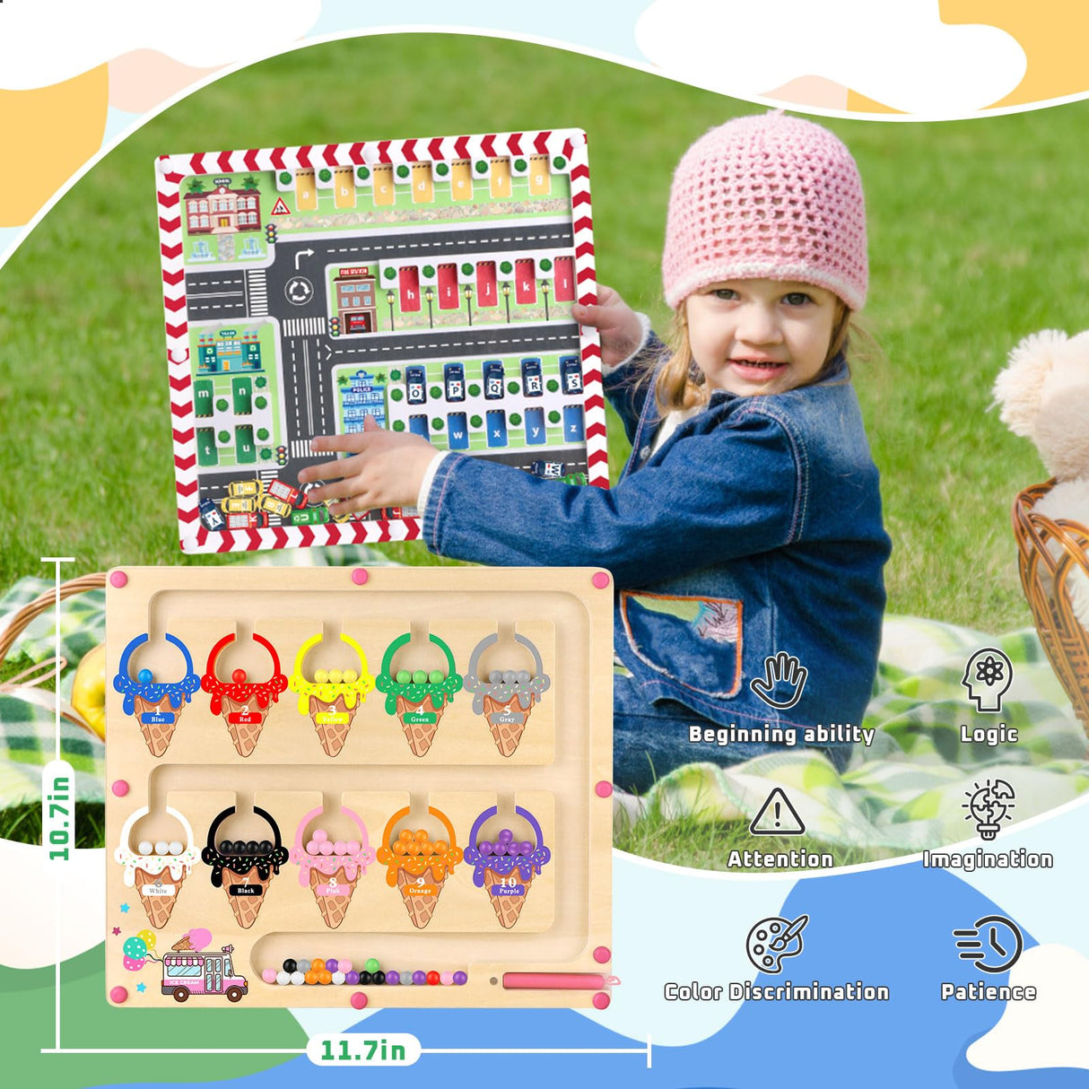 wakeInsa 2 in 1 Magnetic Color and Number Maze,Montessori Toy for 3-6 Years Old,Wooden Magnet Balls Puzzles,Toddler Busy Board Game,Preschool Learning Activities,Christmas & Birthday Gift for Kids wakeInsa