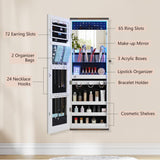 FREDEES Farmhouse Jewelry Organizer,Jewelry Armoire Cabinet with LED Lights Wall or Door Mounted, Full Length Mirror with Storage&Lockable,Interior Mirror,White FREDEES