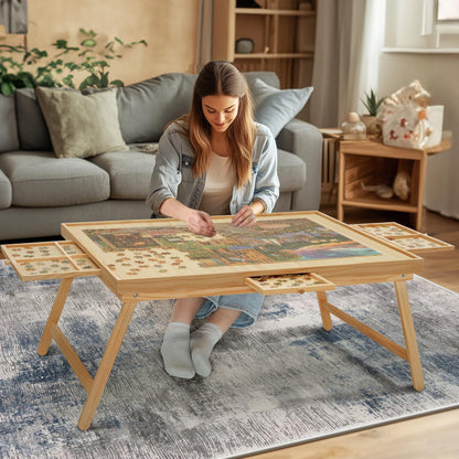 YKHALLYBEE Puzzle Table 2000 Pieces Wooden Jigsaw Puzzle Board with Legs, 41”x 27.6” Puzzle Board with 4 Drawers and Cover, Foldable Leg Puzzle Table for Adults Natural