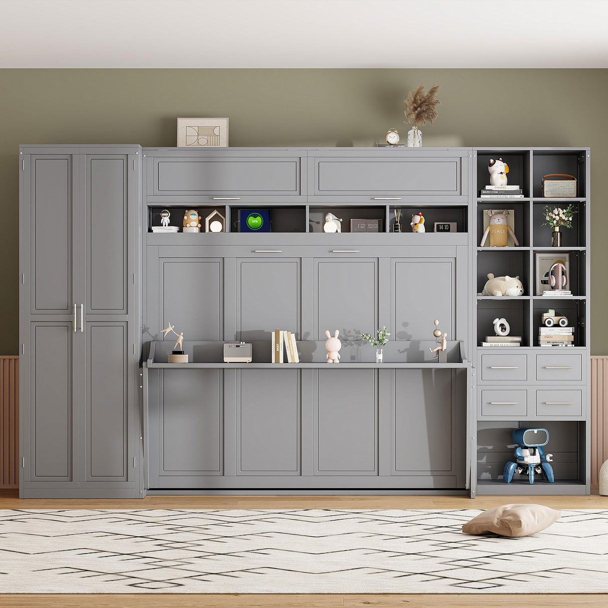Merax Horizontal Murphy Bed Queen with Wardrobe, Queen Size Wall Murphy Bed with Small Desk, 2 Drawers, Storage Shelves and USB Charging Station, Wardrobe and Drawers Install on Left or Right, Gray Merax