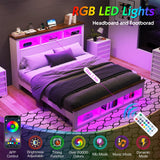 LUXOAK King Size Bed Frame with Bookcase Storage Headboard & Footboard, Farmhouse Wood Platform Bed with LED Light & Charging Station, No Box Spring Needed, White LUXOAK