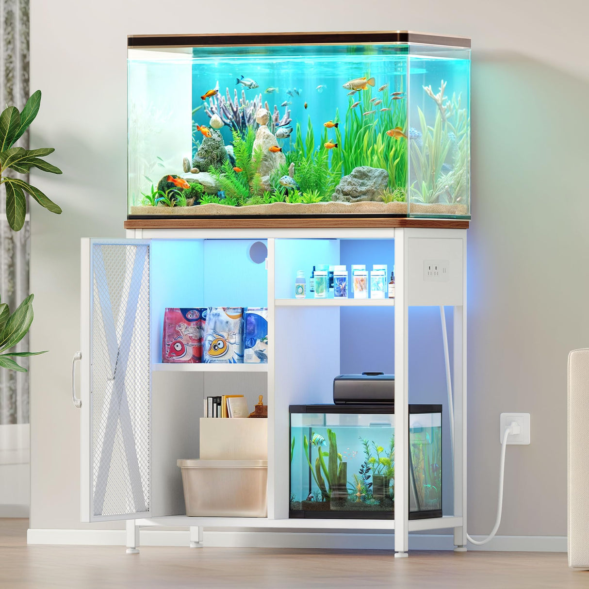 YITAHOME Fish Tank Stand with Power Outlets & LED Light, 20-29 Gallon Metal Aquarium Stand with Cabinet for Fish Tank Accessories Storage for Turtle Tank, Reptile Terrarium, 350LBS Capacity, White YITAHOME