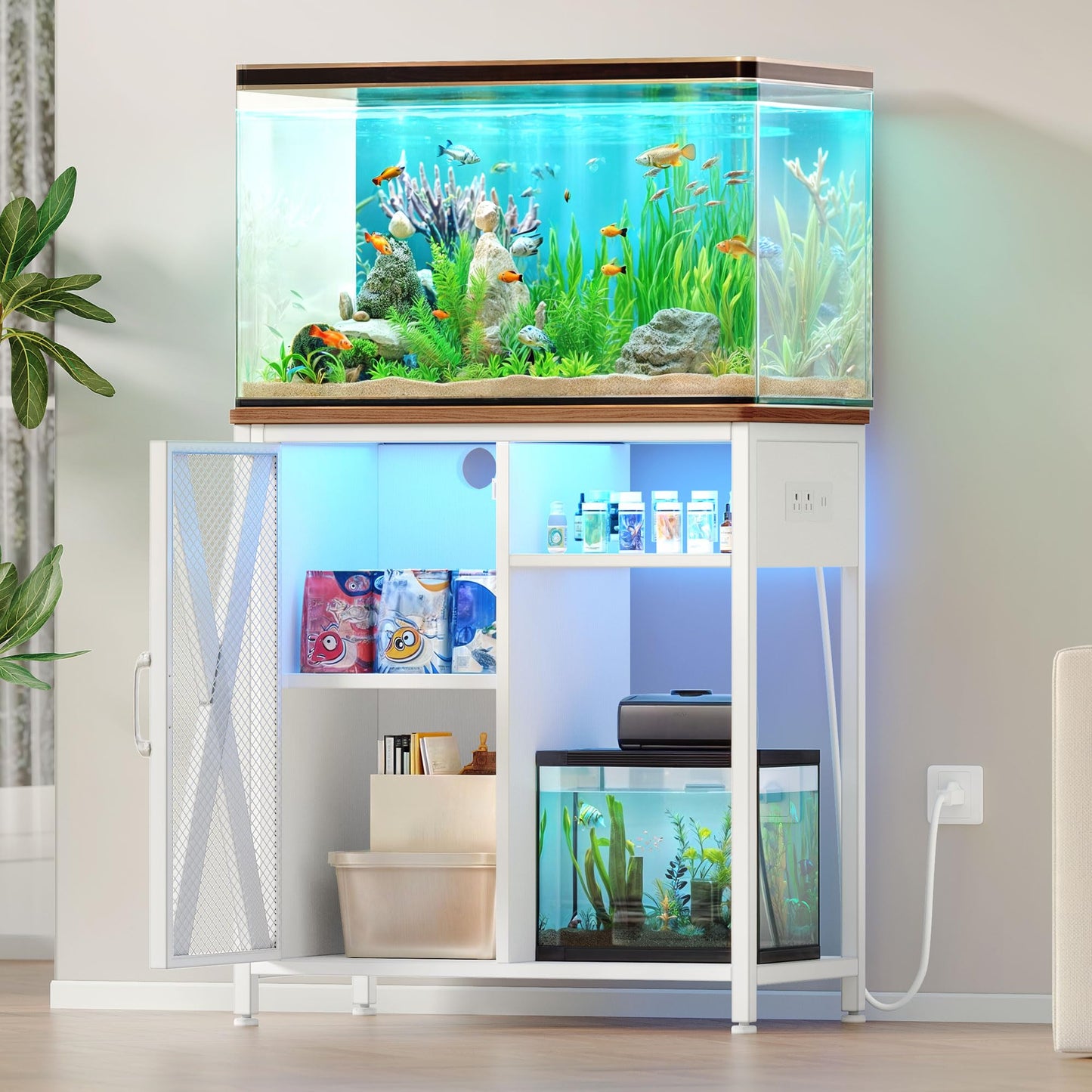 YITAHOME Fish Tank Stand with Power Outlets & LED Light, 20-29 Gallon Metal Aquarium Stand with Cabinet for Fish Tank Accessories Storage for Turtle Tank, Reptile Terrarium, 350LBS Capacity, White