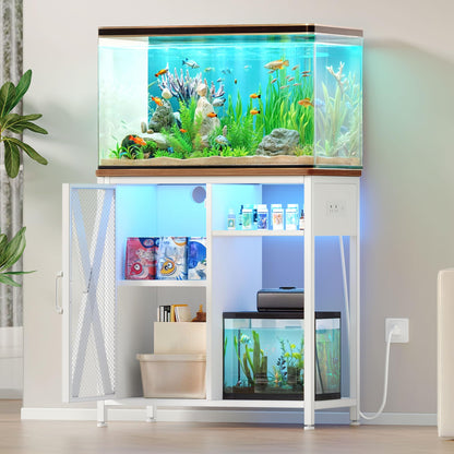 YITAHOME Fish Tank Stand with Power Outlets & LED Light, 20-29 Gallon Metal Aquarium Stand with Cabinet for Fish Tank Accessories Storage for Turtle Tank, Reptile Terrarium, 350LBS Capacity, White