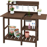 SERWALL Outdoor Potting Bench with Removeable Sink,Rot-Resistant HDPE Potting Table for Outside Gardening, All Weather Use - Coffee SERWALL