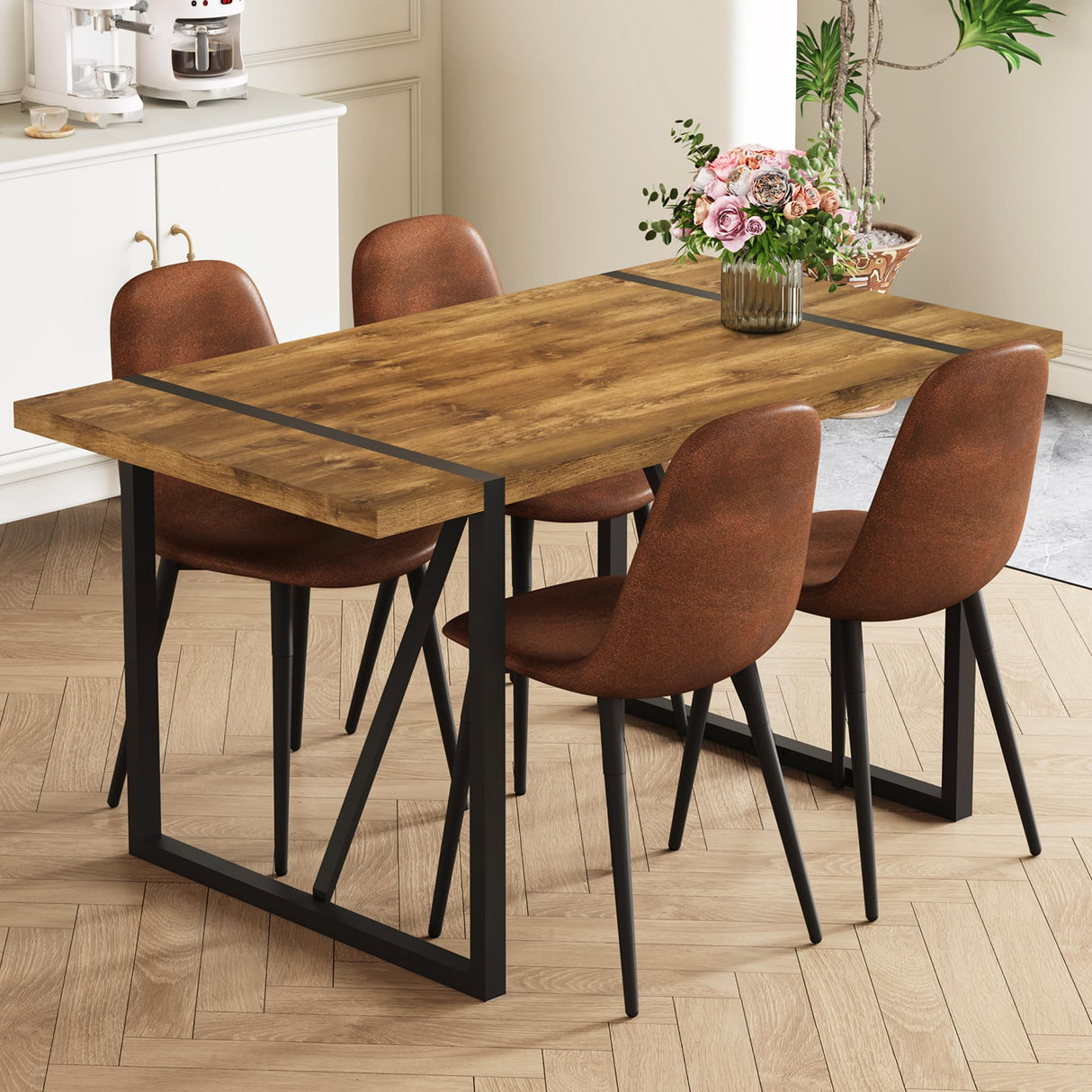Ganooly Rustic 5 Piece Dining Room Table Set for 4 People, Mid Century Modern 55 Inch Rectangle Wood Kitchen Dining Table with 4 Fabric Chairs Set, Suitable for Kitchen Dining Room Ganooly