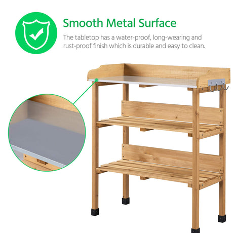 Yaheetech Outdoor Garden Potting Bench Table Wooden Horticulture Planting Worstation w/Metal Tabletop/Storage Shelf/3 Hooks, Natural Wood Yaheetech