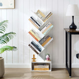 Hoctieon 6 Tier Tree Bookshelf, Tall Bookcase with Drawer, Freestanding Book Shelf, Display Floor Standing Storage Shelf, Book Organizer Shelves for Home Office, Living Room, Bedroom, White Hoctieon