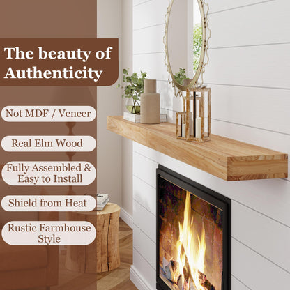 Axeman Fireplace Mantel | 72" W Elm Wood Floating Shelves | Handcrafted Hollow Distressed Beam | Wall Mounted Wooden Display Shelfing | with Invisible Heavy Duty Bracket | 72W x 3H x 8D