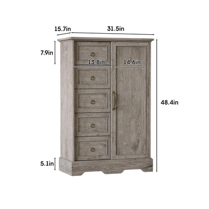 Vabches 5 Drawers Dresser for Bedroom with Sliding Barn Door, 48" Tall Farmhouse Modern Chest of Drawers, Wood Organizer Dresser for Bedroom, Hallway, Living Room, Rustic Washed Grey - WoodArtSupply