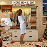 Farmhouse 4 Doors Armoire Wardrobe Closet w/Folding Sliding Barn Door and Lights, LED Armoire Closet w/Drawers for Bedroom, Freestanding Wooden Wardrobe Storage Closets w/Hanging Rod,Antique White jiteentarou