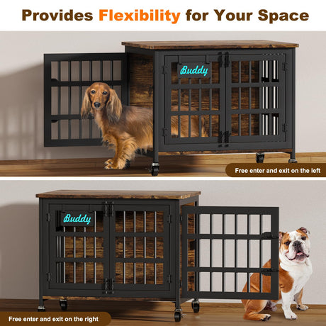 EasyCom 33"/27" Dog Crate Furniture with Name Tag, Heavy Duty Dog Kennel Indoor for Medium and Small Dogs, Double-Doors Sturdy Metal Dog Cage, Decorate House as TV Stand, End Table, Bedside Table EasyCom