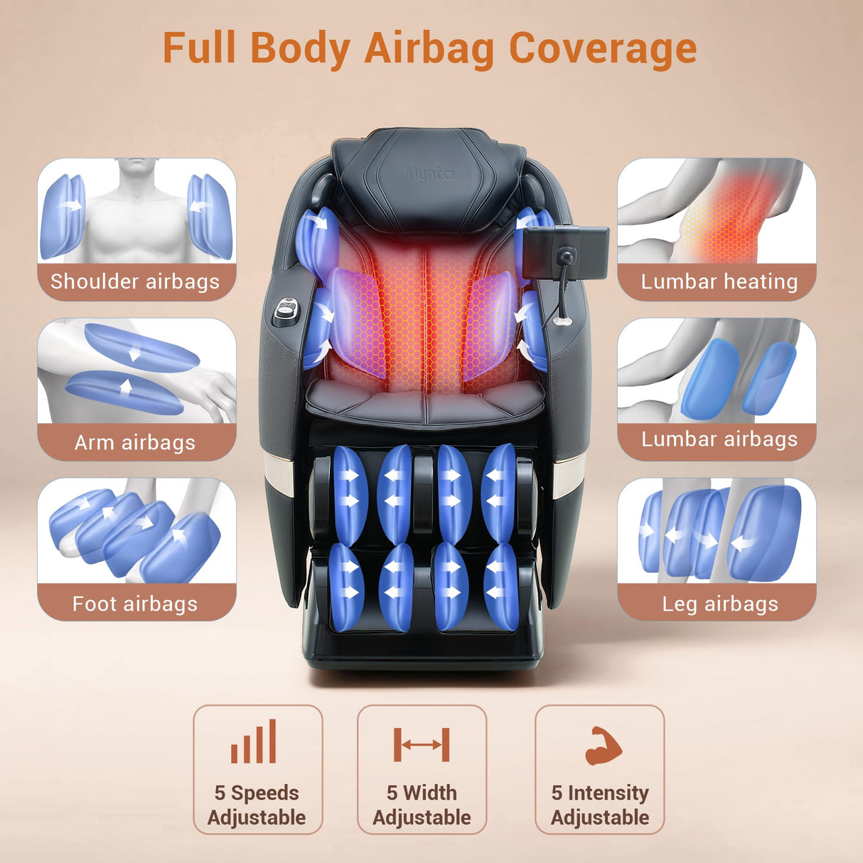 MYNTA 2025 Massage Chair 3D Shaitsu Massage Chair Full Body with 170° Flexible Track, Zero Gravity, Bluetooth Speaker, Airbags & Heating, MC1650(Black) MYNTA