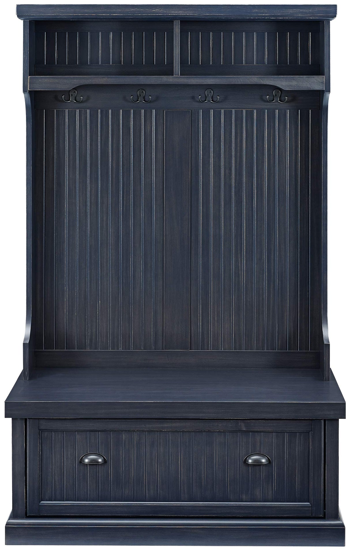 Crosley Furniture Seaside Hall Tree with Shoe Rack Bench and Coat Hooks for Hanging Storage, Distressed Navy Crosley Furniture