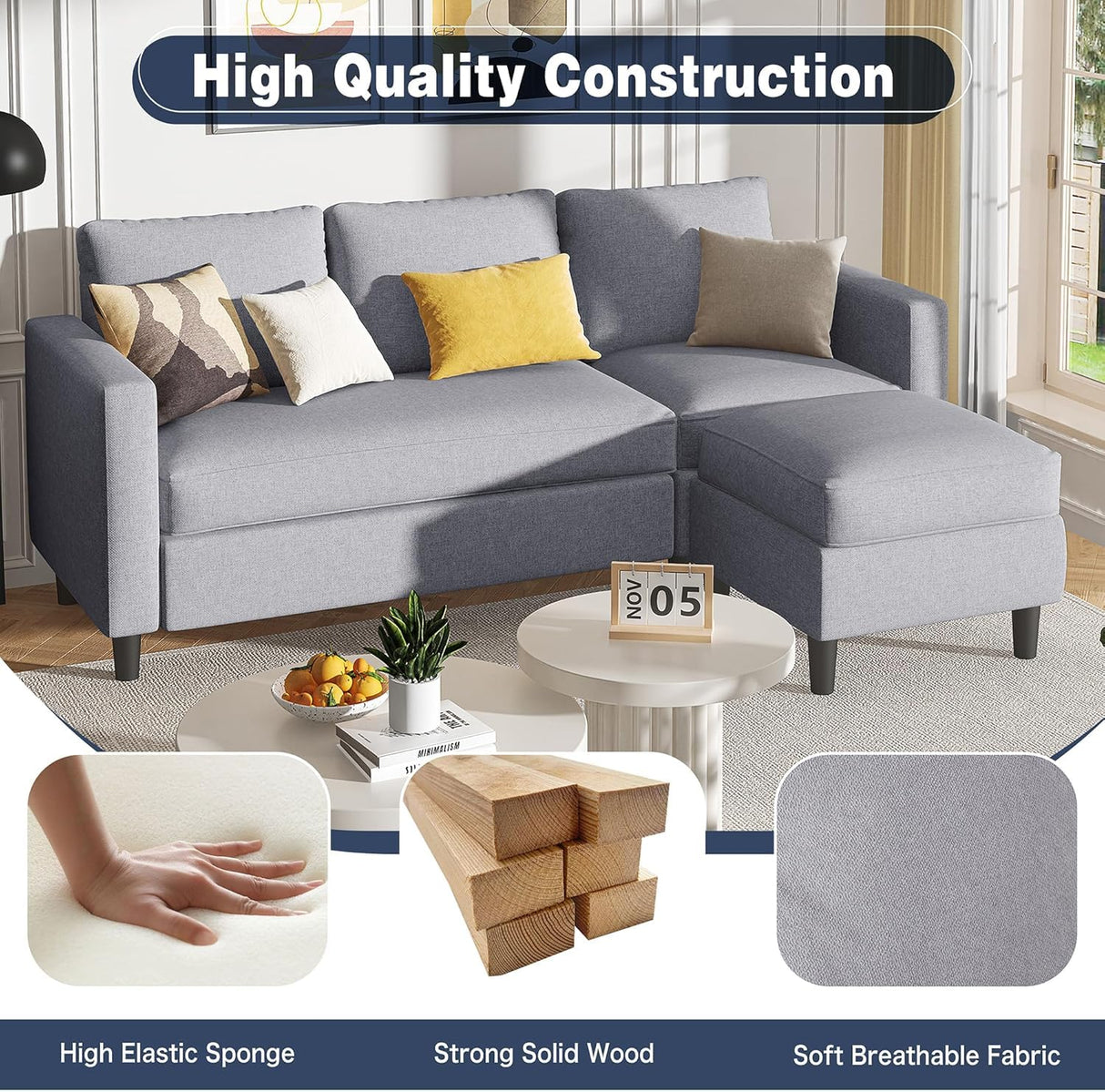 Shintenchi Small Sectional Couch Sofas, 3 Seat L Shape Sofa with Ottoman, Fabric Upholstered Convertible Sofa Couches, Small Couch for Apartments and Office (Light Grey) Shintenchi