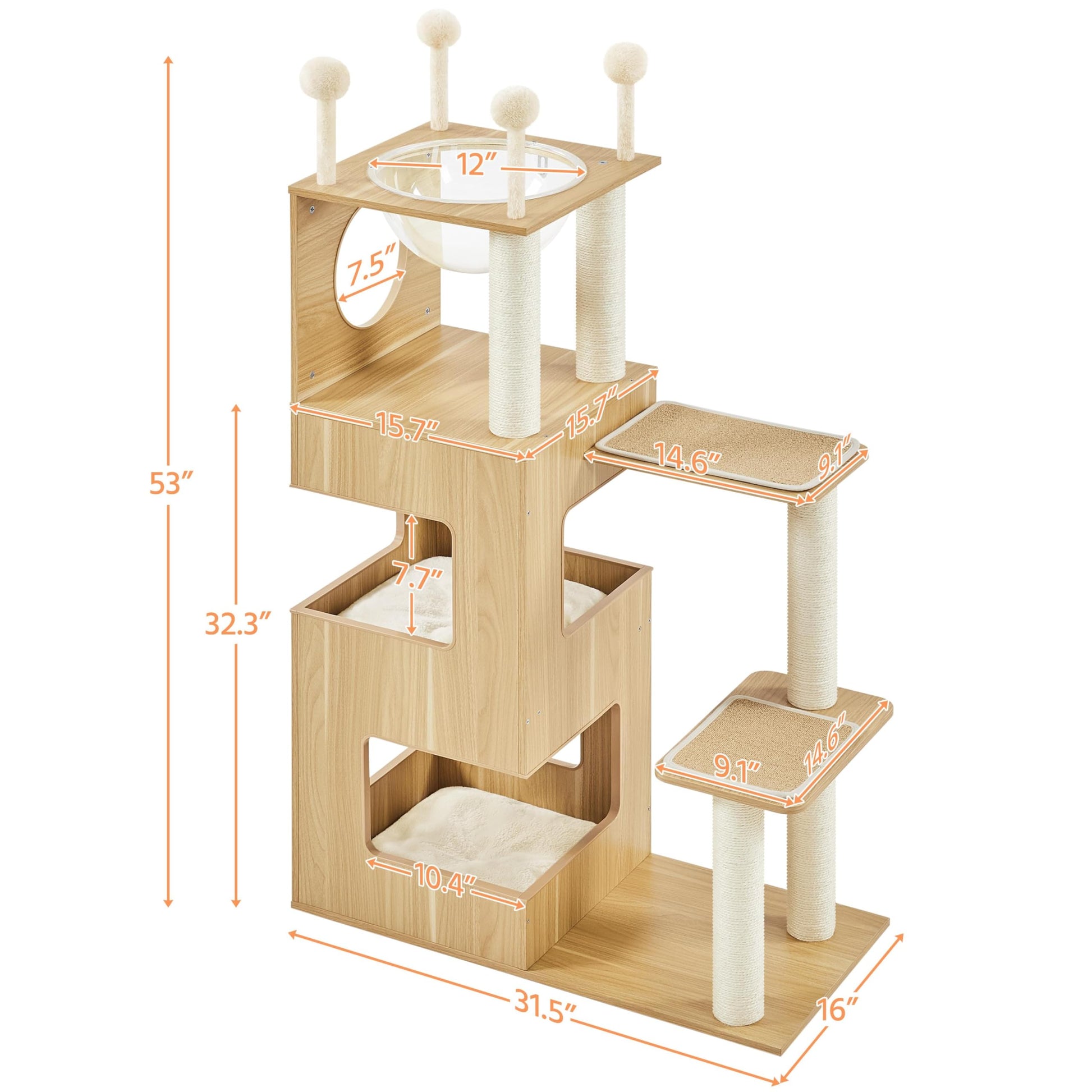 Yaheetech Wooden Cat Tree, 53in Modern Cat Tower for Indoor Cats with Scratching Posts Washable Detachable Cushion, Clear Bowl & Teasing Balls, Multi-Level Heavy Duty Cat Condo Furniture for  - WoodArtSupply