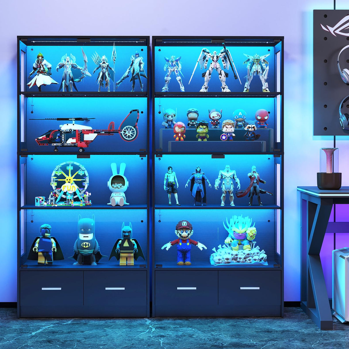 Lamtor Glass Display Cabinet with Doors - Curio Cabinet with Dynamic LED Lights for Collectibles, 67" Display Case with 4 Tier and Drawers for Figure, Toys, Books, Black Lamtor