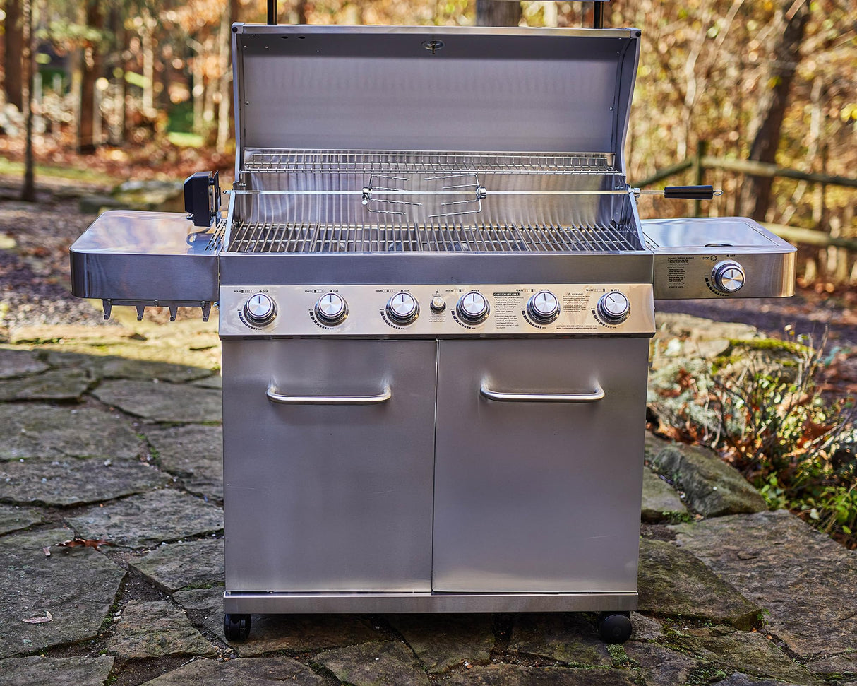 Monument Grills 77352 6-Burner Stainless Steel Cabinet Style Propane Gas Grill with Knob Controls, Side Burner, Built-In Thermometer, and Rotisserie Kit Monument Grills