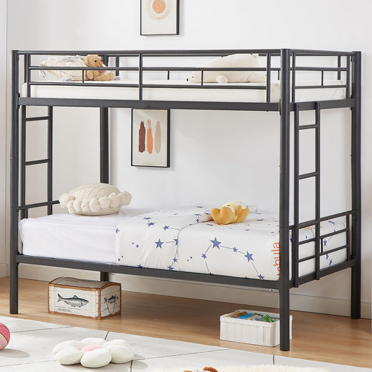 VECELO Metal Bunk Bed Twin Over Twin, Industrial Bunkbeds with Ladder and Full-Length Guardrail, Noise Free, No Boxing Spring Needed, Black