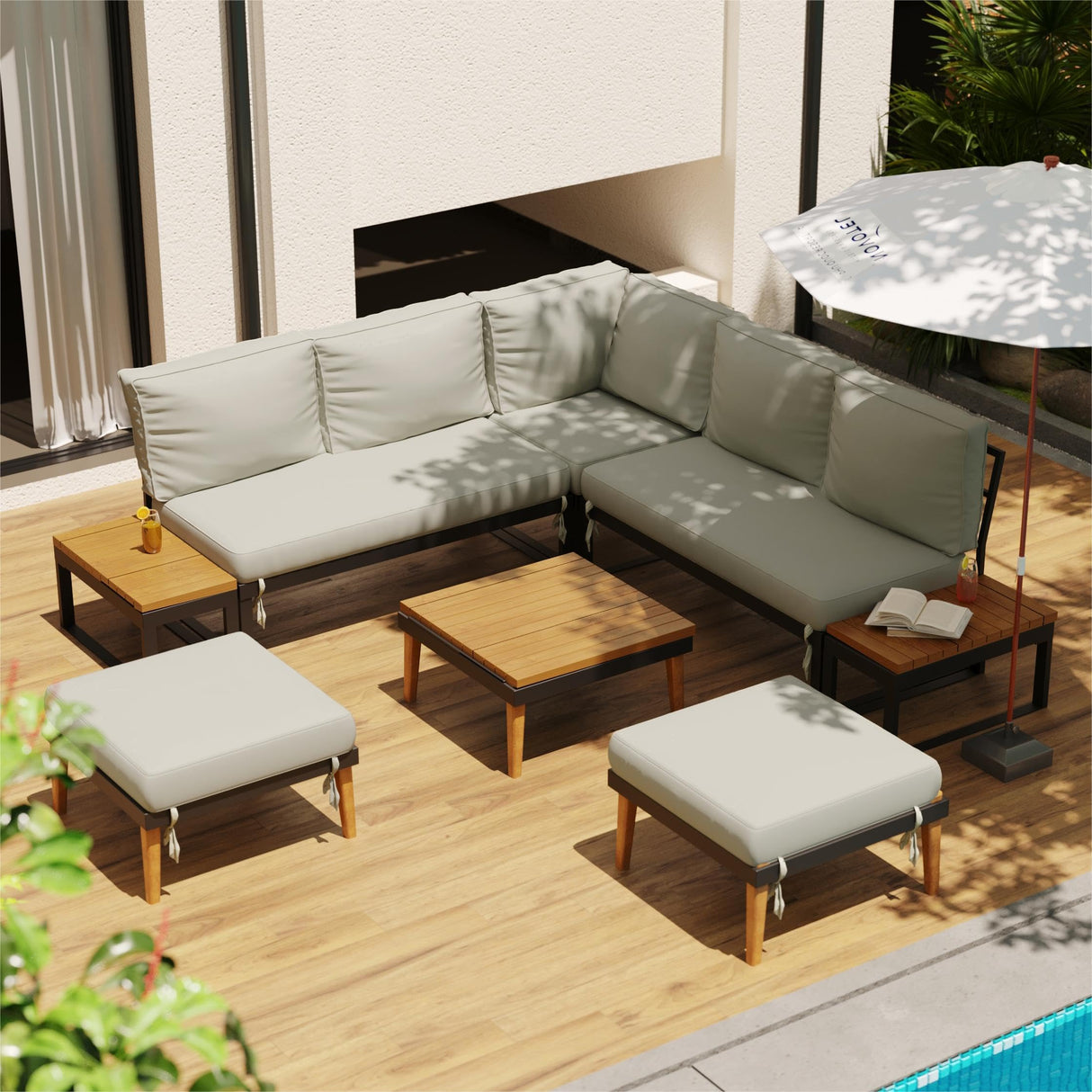 WiberWi 8 Pieces Patio Furniture Set, Outdoor Sectional Sofa Couch with Acacia Wood Coffee Table&Side Table,Modern Metal Outside Conversation Sets for Backyard,Lawn,Garden,Wood Legs,Beige WiberWi