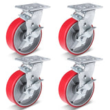 Nefish 6 Inch Industrial Casters Set of 4 Heavy Duty No Noise Polyurethane Wheel on Steel Hub, Workbench Casters with Brakes 4800 Lbs, Plate Swivel Casters for Toolbox Workbench (4 Swivel & Brakes) Nefish