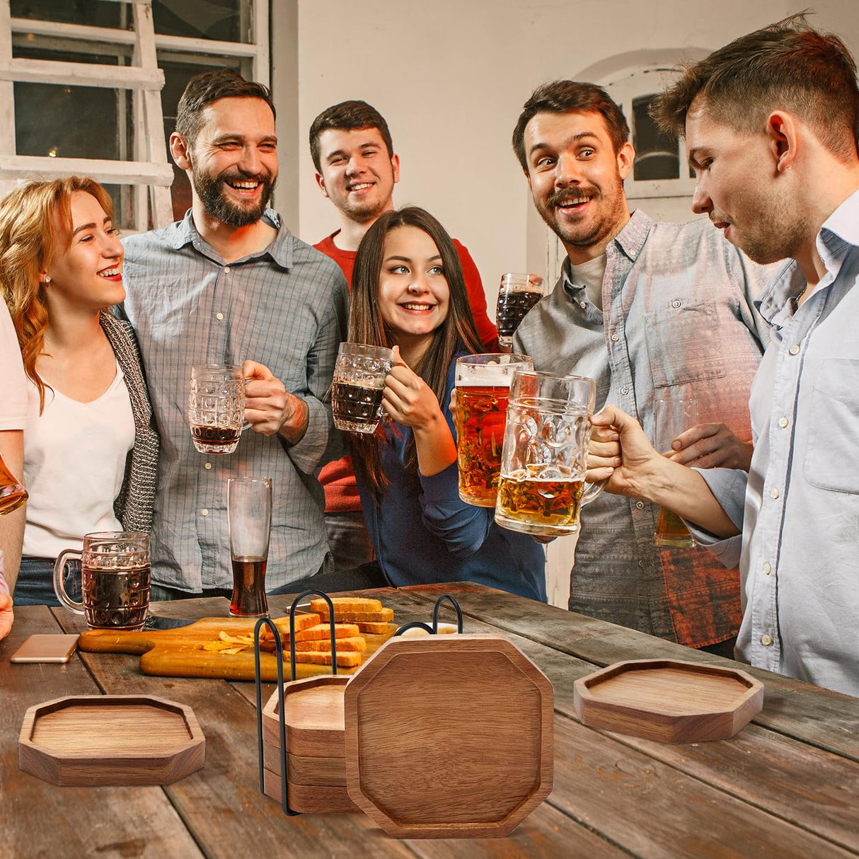 Wooden Coaster Set of 6 Bar Drink Coasters with Holder Acacia Wood Coaster Modern Cup Coaster for Coffee Table Cute Beer Coasters Decor Rustic Coaster Farmhouse Beverage Coasters Outdoor Coaster Ayiaren