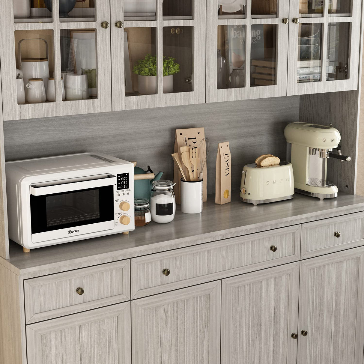 FUFU&GAGA 75.9" Tall Kitchen Pantry Cabinet with 5 Tiers Shelf, 8 Doors & 3 Drawers & Microwave Stand, Freestanding Hutch Cabinet with Buffet Cupboard for Kitchen, Dinningroom FUFU&GAGA