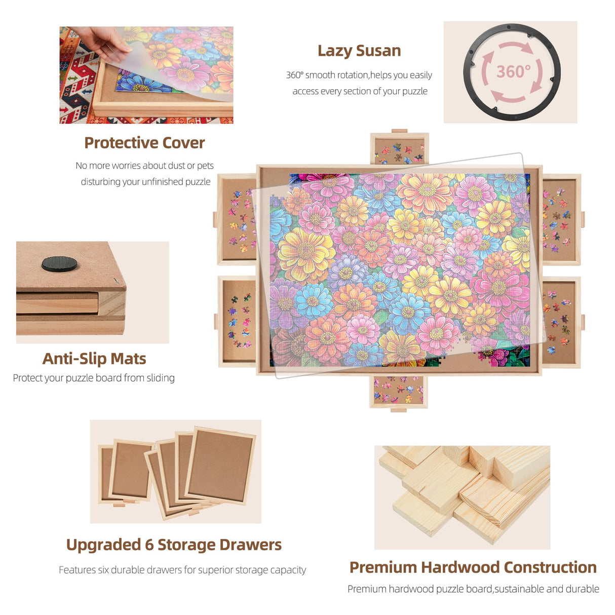 DIKASHI Rotating Puzzle Board with 6 Drawers, Lazy Susan & Transparent Cover, 30.2"x22.4" Portable Wooden Jigsaw Puzzle Board for 1000 Pieces, Great Gift for for Puzzle Enthusiasts DIKASHI