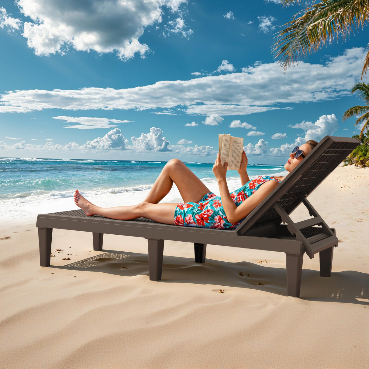 Greesum Outdoor Chaise Lounge Chairs Set of 2 with 5-Position Adjustable Backrest, Waterproof PP Sun Loungers for Garden Pool Beach Patio Deck Sunbathing, Brown Greesum