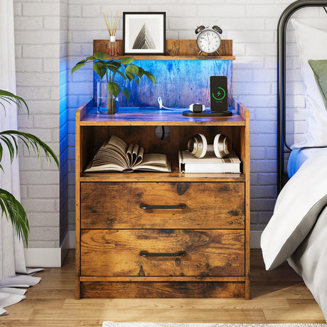 LED Nightstand with Charging Station, Night Stand with 2 Drawers and Open Storage, Bedside Table with LED Lights, Modern End Table with USB Ports Outlets, Rustic Brown Diliplain