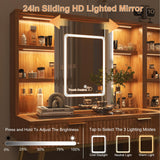 HSSZXFR 48" Fluted Makeup Vanity Desk with Mirror and Lights, Rustic Vanity Table with Modern Glass Top and Charging Station, Vanity Wooden 5 Drawers and Shelves Adjustable (Wood) HSSZXFR