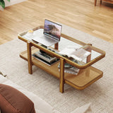 Giantex Rattan Coffee Table, 47.5" Rectangle Solid Wood Tea Table w/Tempered Glass Tabletop, Rattan Storage Shelf, 2-Tier Boho Coffee Tables, Farmhouse Center Table for Living Room (Oak) Giantex