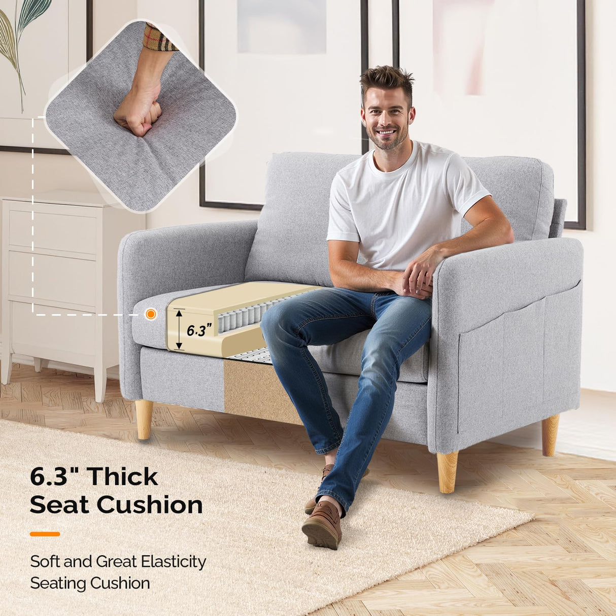 VINGLI 47" Small Couch, Linen Loveseat Sofa Light Grey Mini Couch Mid Century Modern Decor Love Seat for Small Spaces Living Room, Bedroom, Play Room VINGLI