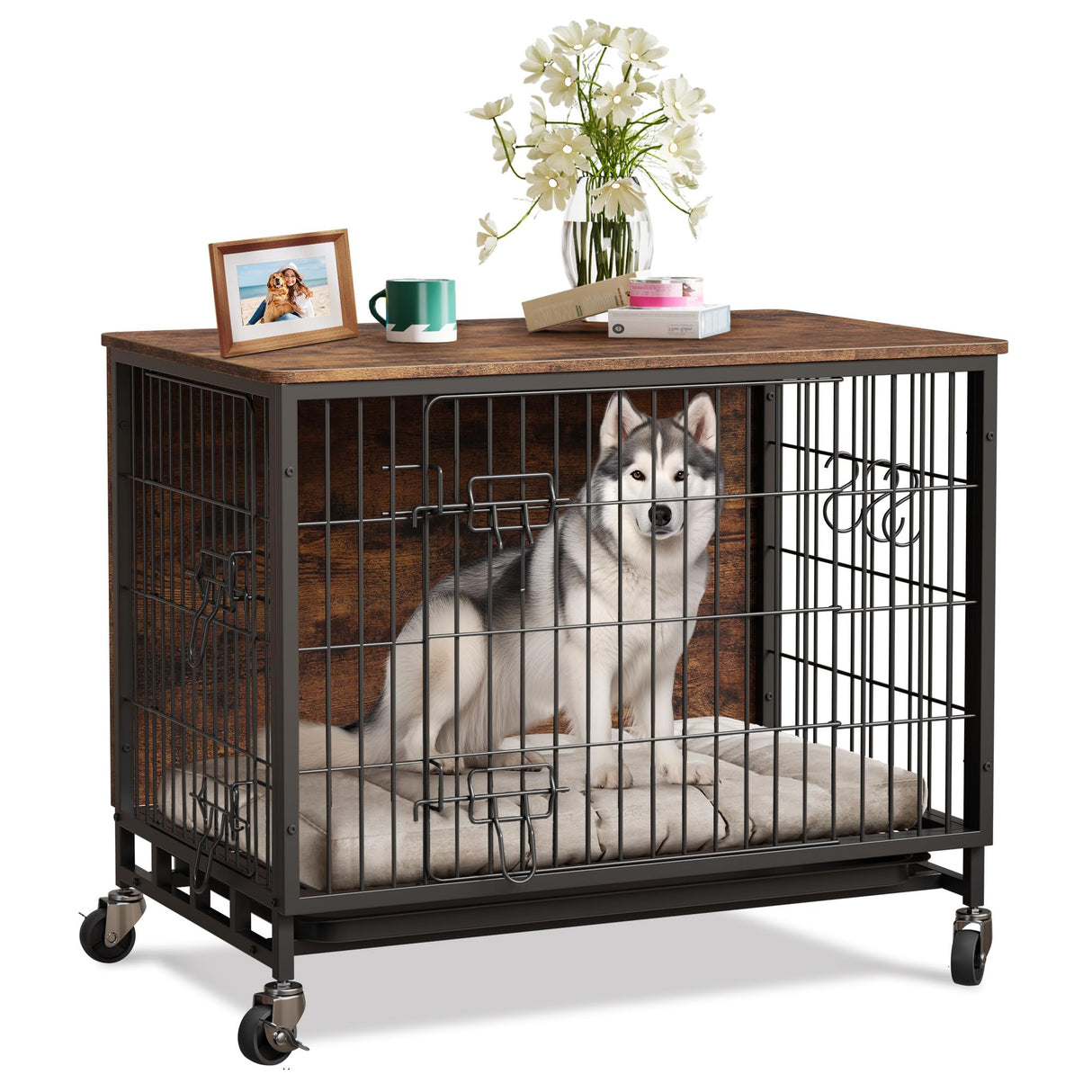 Dog Crate Furniture, 27.2" Wooden Dog Kennel with Wheels & Double Doors, Dog Cage End Table Upgraded, Indoor Dog Crate House for Small Medium Dogs, Rustic Brown GAOMON