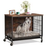 Dog Crate Furniture, 38.6" Wooden Dog Kennel with Wheels & Double Doors, Dog Cage End Table Upgraded, Indoor Dog Crate House for Large Medium Dogs, Rustic Brown GAOMON