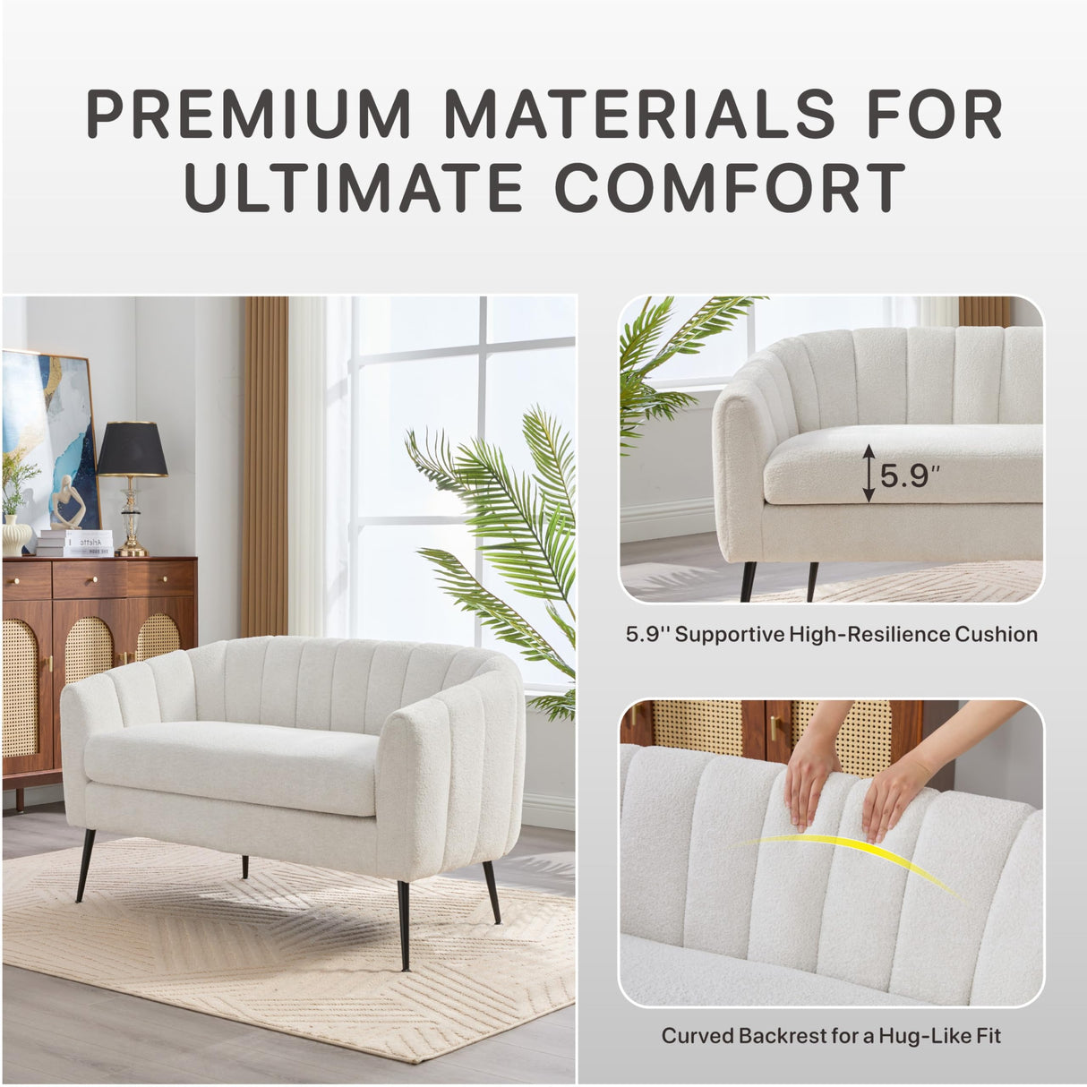 Aortzio 50.2'' Loveseat Sofa, Modern Sherpa Boucle 2-Seater Sofa with Metal Legs, Comfy Upholstered Small Accent Couch for Living Room Bedroom Office (White). Aortzio