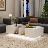 ECACAD Modern LED Coffee Table with Drawers & Open Compartments, Rectangle Coffee Center Table with Glass Top for Living Room, Bedroom, White (47.4" W x 23.6" D x 13.9" H) ECACAD