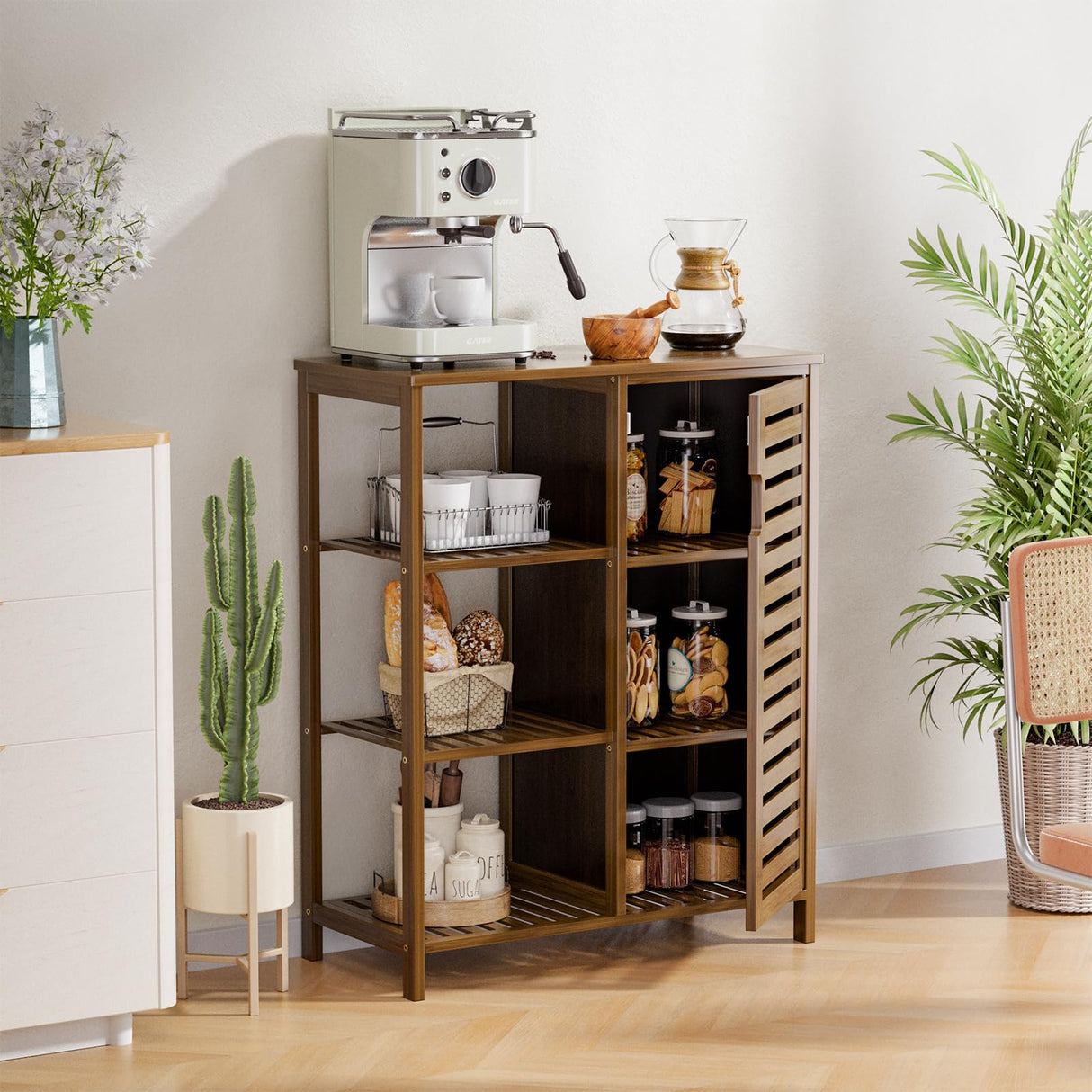 HITNET Bathroom Cabinet Freestanding, Bamboo Floor Cabinet, Kitchen Storage Organizer with 3 Side Open Shelves for Bedroom, Living Room, Home Office, Walnut HITNET